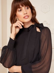 Love & Roses Black Petite Long Sleeve Tie Neck Shirred Cuff Blouse - Image 2 of 4