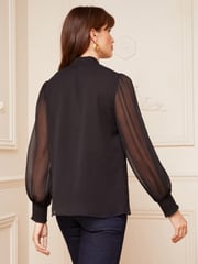 Love & Roses Black Petite Long Sleeve Tie Neck Shirred Cuff Blouse - Image 3 of 4
