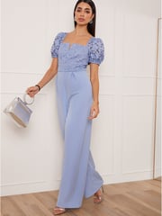 Chi Chi London Blue Puff Sleeve Floral Jumpsuit - Image 1 of 5