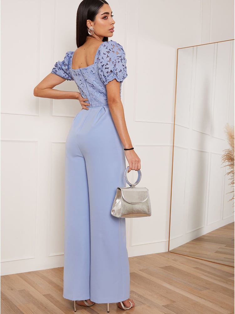Chi Chi London Blue Puff Sleeve Floral Jumpsuit - Image 2 of 5