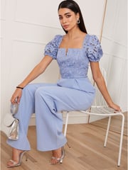 Chi Chi London Blue Puff Sleeve Floral Jumpsuit - Image 3 of 5