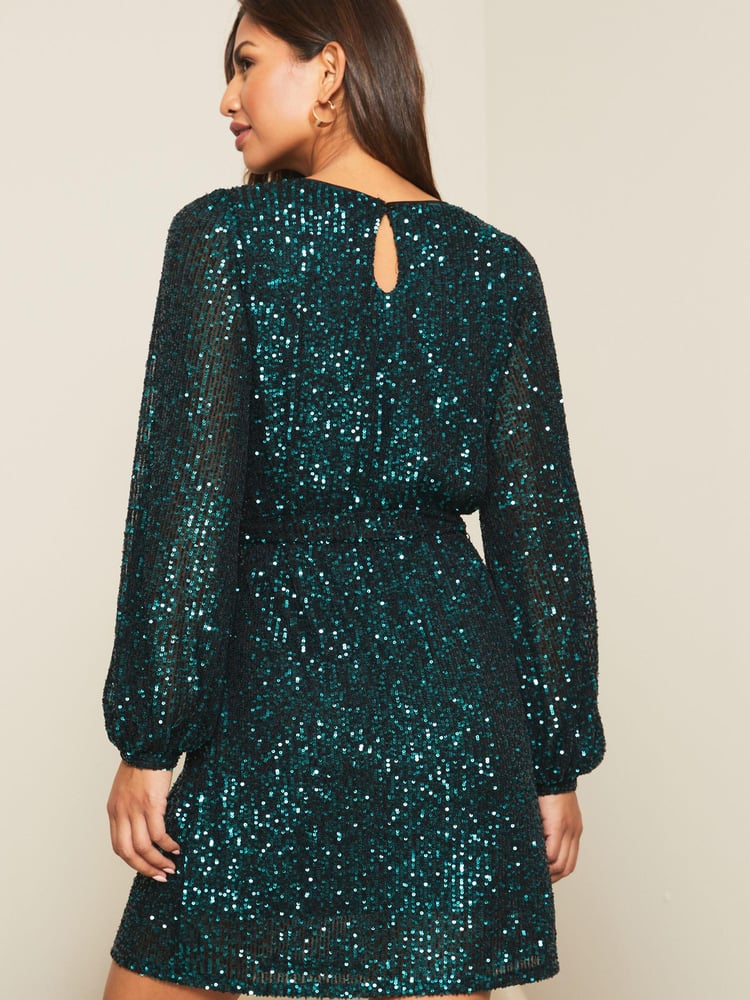 Lipsy Forest Green Regular Sequin Long Sleeve Shift Dress - Image 2 of 4