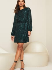 Lipsy Forest Green Regular Sequin Long Sleeve Shift Dress - Image 3 of 4