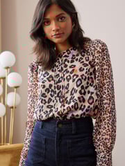 Love & Roses Neutral Animal Printed Long Sleeve Blouse With Central Pintuck Details - Image 1 of 4