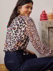 Love & Roses Neutral Animal Printed Long Sleeve Blouse With Central Pintuck Details - Image 2 of 4