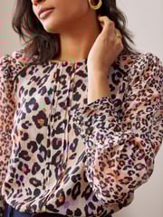 Love & Roses Neutral Animal Printed Long Sleeve Blouse With Central Pintuck Details - Image 4 of 4
