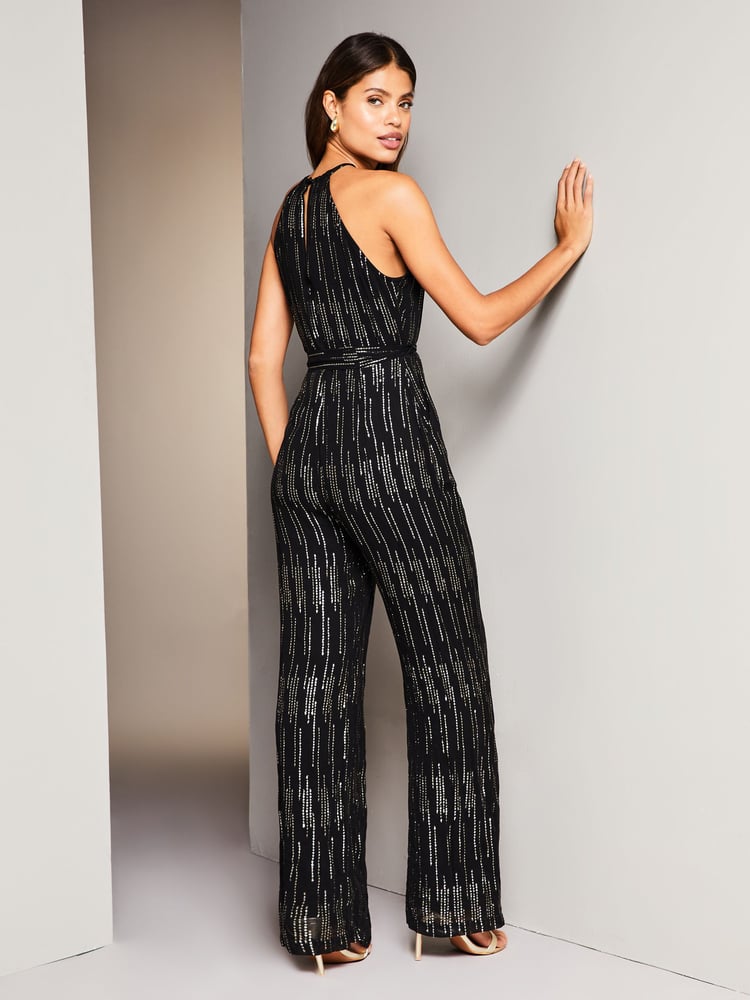 Lipsy Black Petite Metallic Halter Neck Jumpsuit - Image 2 of 4 Lipsy Black Petite Metallic Halter Neck Jumpsuit - Image 2 of 4