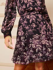 Love & Roses Black Floral Printed V Neck Lace Trim Long Sleeve Mini Dress - Image 2 of 4