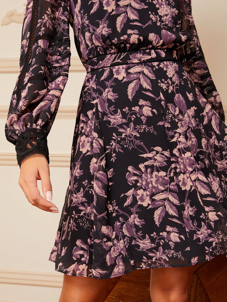 Love & Roses Black Floral Printed V Neck Lace Trim Long Sleeve Mini Dress - Image 2 of 4
