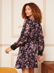 Love & Roses Black Floral Printed V Neck Lace Trim Long Sleeve Mini Dress - Image 3 of 4