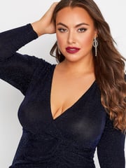 Yours Curve Blue London Party Gathered Wrap Dress - Image 4 of 4