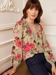 Love & Roses Green Floral V Neck Lace Long Sleeve Lace Trim Dobby Spot Blouse - Image 1 of 4