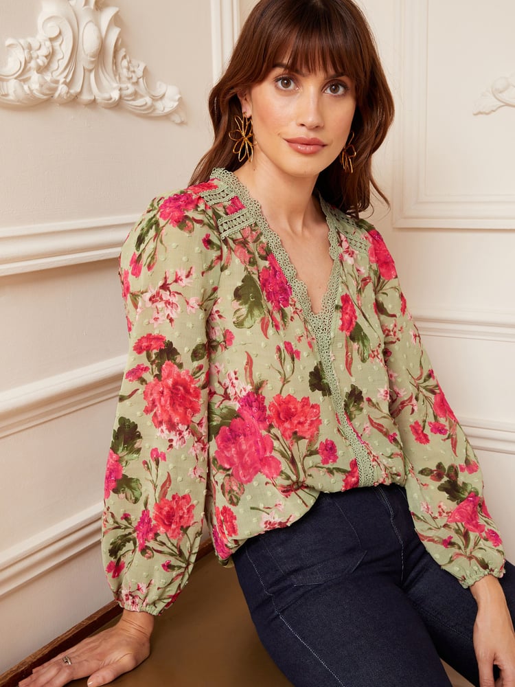 Love & Roses Green Floral V Neck Lace Long Sleeve Lace Trim Dobby Spot Blouse - Image 1 of 4 Love & Roses Green Floral V Neck Lace Long Sleeve Lace Trim Dobby Spot Blouse - Image 1 of 4