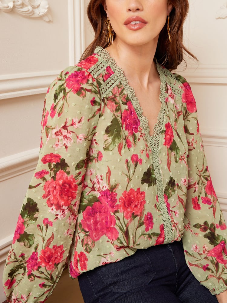 Love & Roses Green Floral V Neck Lace Long Sleeve Lace Trim Dobby Spot Blouse - Image 2 of 4 Love & Roses Green Floral V Neck Lace Long Sleeve Lace Trim Dobby Spot Blouse - Image 2 of 4