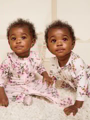 Love & Roses Pink/White Floral Baby 2 Pack Printed Ruffle Sleepsuit - Image 2 of 4