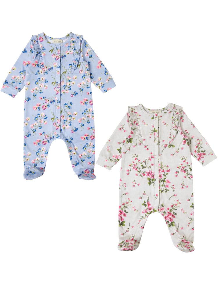 Love & Roses Blue/Grey Floral Baby 2 Pack Printed Ruffle Sleepsuit - Image 1 of 4