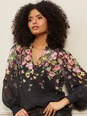 Love & Roses Black Floral Printed V Neck Puff Sleeve Blouse - Image 1 of 4
