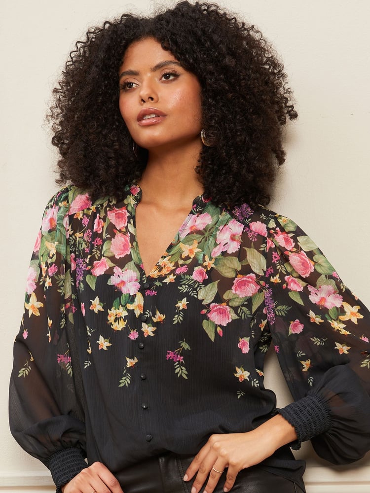 Love & Roses Black Floral Printed V Neck Puff Sleeve Blouse - Image 1 of 4 Love & Roses Black Floral Printed V Neck Puff Sleeve Blouse - Image 1 of 4
