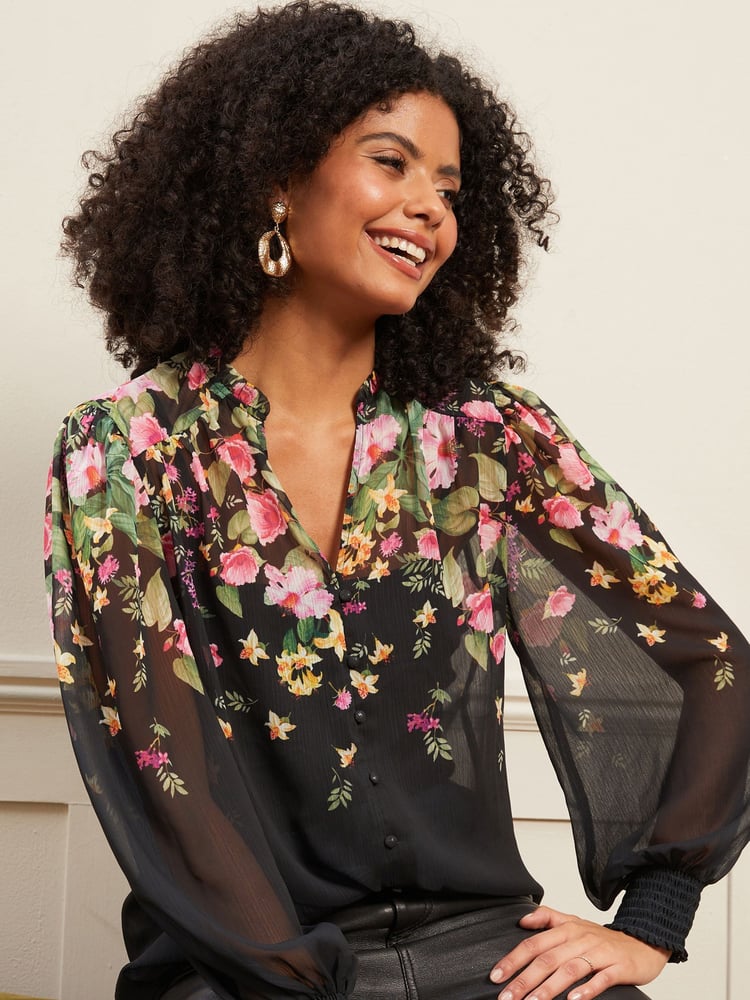Love & Roses Black Floral Printed V Neck Puff Sleeve Blouse - Image 2 of 4 Love & Roses Black Floral Printed V Neck Puff Sleeve Blouse - Image 2 of 4
