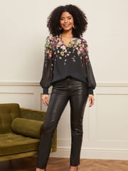 Love & Roses Black Floral Printed V Neck Puff Sleeve Blouse - Image 4 of 4