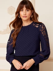 Love & Roses Navy Blue Long Sleeve Lace Dobby Spot Mix Blouse - Image 1 of 4