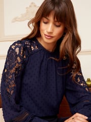 Love & Roses Navy Blue Long Sleeve Lace Dobby Spot Mix Blouse - Image 2 of 4