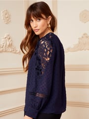 Love & Roses Navy Blue Long Sleeve Lace Dobby Spot Mix Blouse - Image 3 of 4