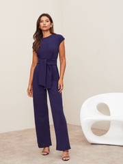 Lipsy Navy Petite Cap Sleeve Tie Front Jumpsuit - Image 1 of 3