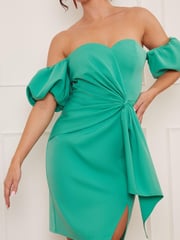 Chi Chi London Green Petite Puff Sleeve Bardot Tie Detail Midi Dress - Image 5 of 5