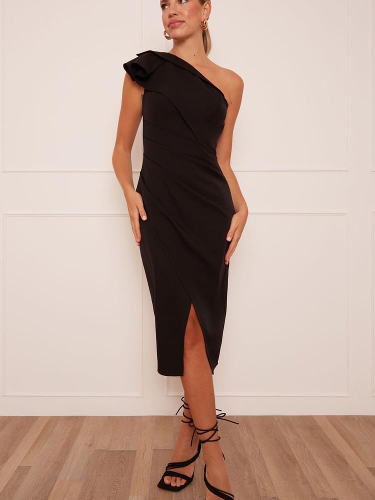Chi Chi London Black One Shoulder Wrap Detail Midi Dress - Image 1 of 4