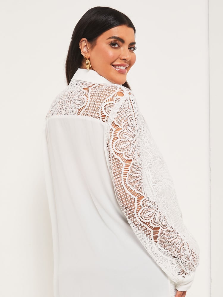 Lipsy White Curve Placed Lace Long Sleeve Shirt - Image 2 of 4