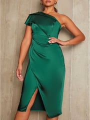 Chi Chi London Emerald Green One Shoulder Wrap Detail Midi Dress - Image 4 of 4