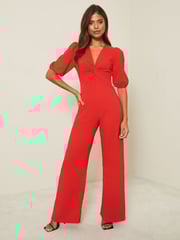 Lipsy Red Knot Puff Sleeve Jumpsuit - Image 1 of 4