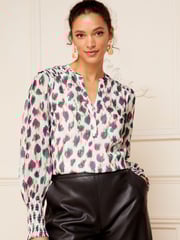 Love & Roses Ivory White Metallic Animal Sheer V Neck Long Sleeve Over The Head Blouse - Image 2 of 4