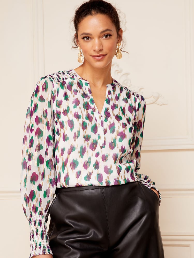 Love & Roses Ivory White Metallic Animal Sheer V Neck Long Sleeve Over The Head Blouse - Image 2 of 4