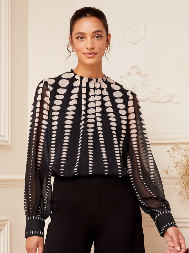 Love & Roses Black Petite Printed Ruched High Neck Long Sleeve Chiffon Blouse - Image 1 of 4