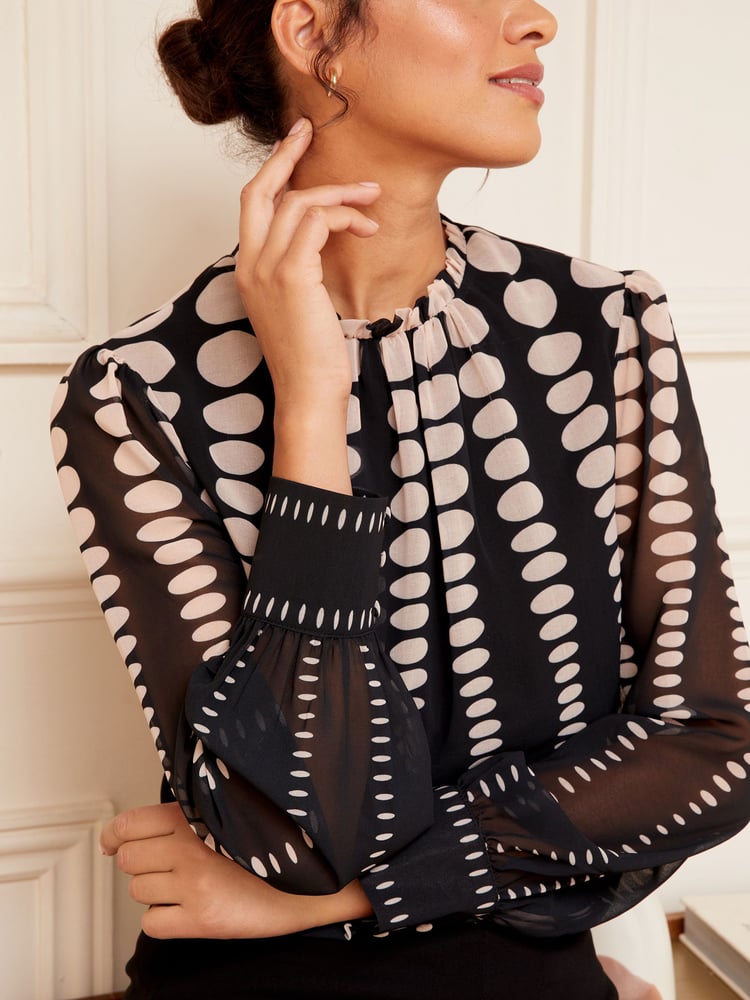 Love & Roses Black Petite Printed Ruched High Neck Long Sleeve Chiffon Blouse - Image 2 of 4