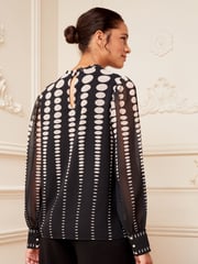 Love & Roses Black Petite Printed Ruched High Neck Long Sleeve Chiffon Blouse - Image 3 of 4