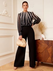 Love & Roses Black Petite Printed Ruched High Neck Long Sleeve Chiffon Blouse - Image 4 of 4