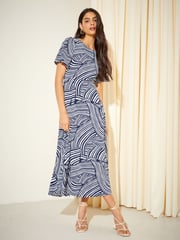 Friends Like These Navy Swirl ITY Angel Shorts Sleeve Midi Dress - Image 2 of 4