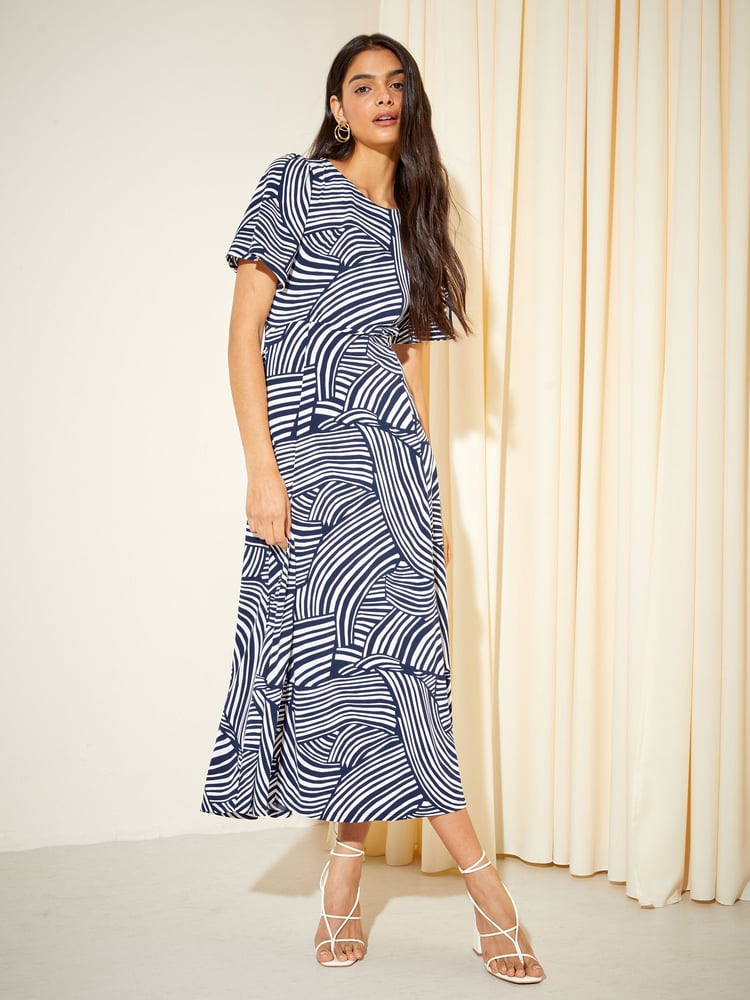 Friends Like These Navy Swirl ITY Angel Shorts Sleeve Midi Dress - Image 2 of 4