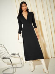 Friends Like These Black Long Sleeve Jersey Wrap Midi Dress - Image 1 of 4