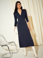 Friends Like These Navy Blue Long Sleeve Jersey Wrap Midi Dress - Image 3 of 5