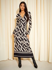 Friends Like These Black/White Long Sleeve Jersey Wrap Midi Dress - Image 1 of 4