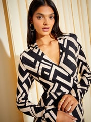 Friends Like These Black/White Long Sleeve Jersey Wrap Midi Dress - Image 3 of 4