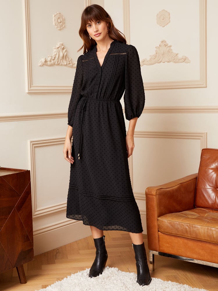 Love & Roses Black 3/4 Sleeve Dobby Lace Trim Midi Dress - Image 1 of 4