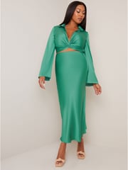 Chi Chi London Green Long Sleeve V Neck Satin Twist Detail Top - Image 1 of 5