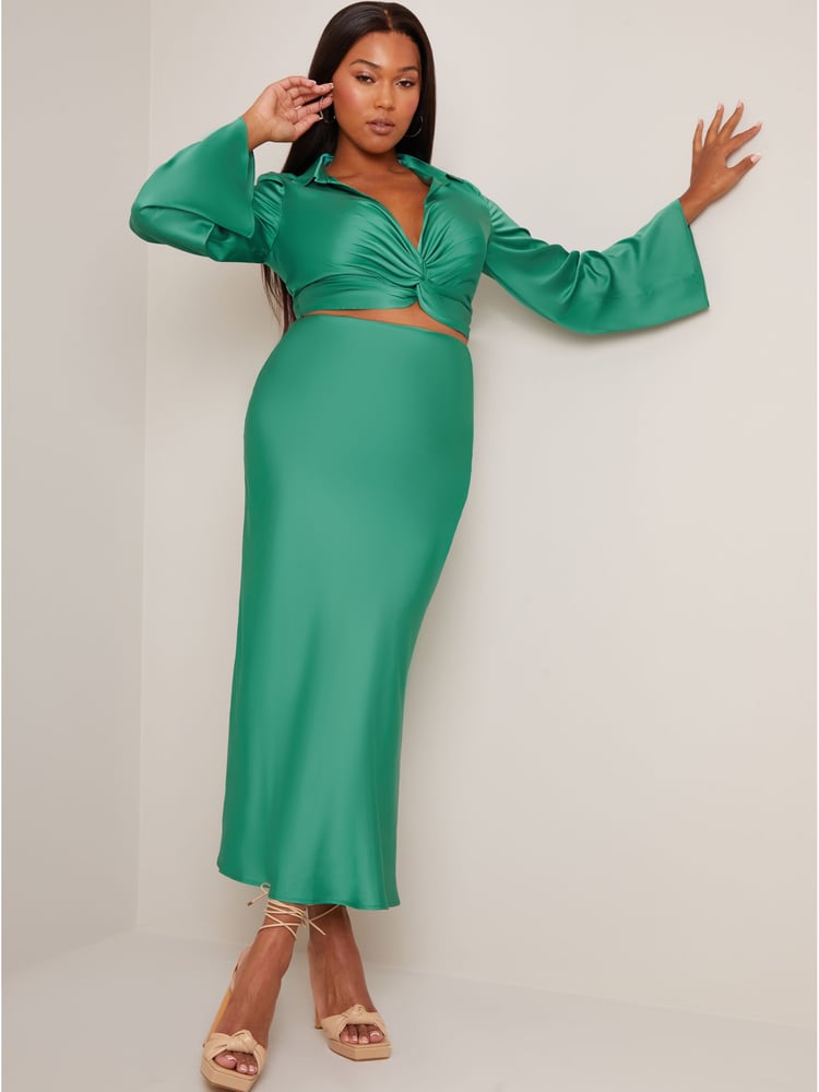 Chi Chi London Green Long Sleeve V Neck Satin Twist Detail Top - Image 2 of 5