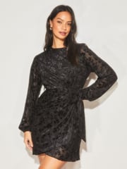Lipsy Black Long Sleeve Ruched Tie Side Mini Dress - Image 1 of 4