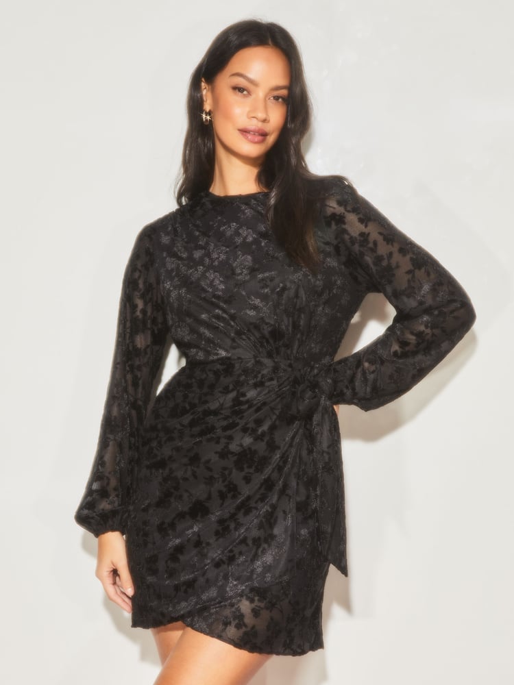 Lipsy Black Long Sleeve Ruched Tie Side Mini Dress - Image 1 of 4